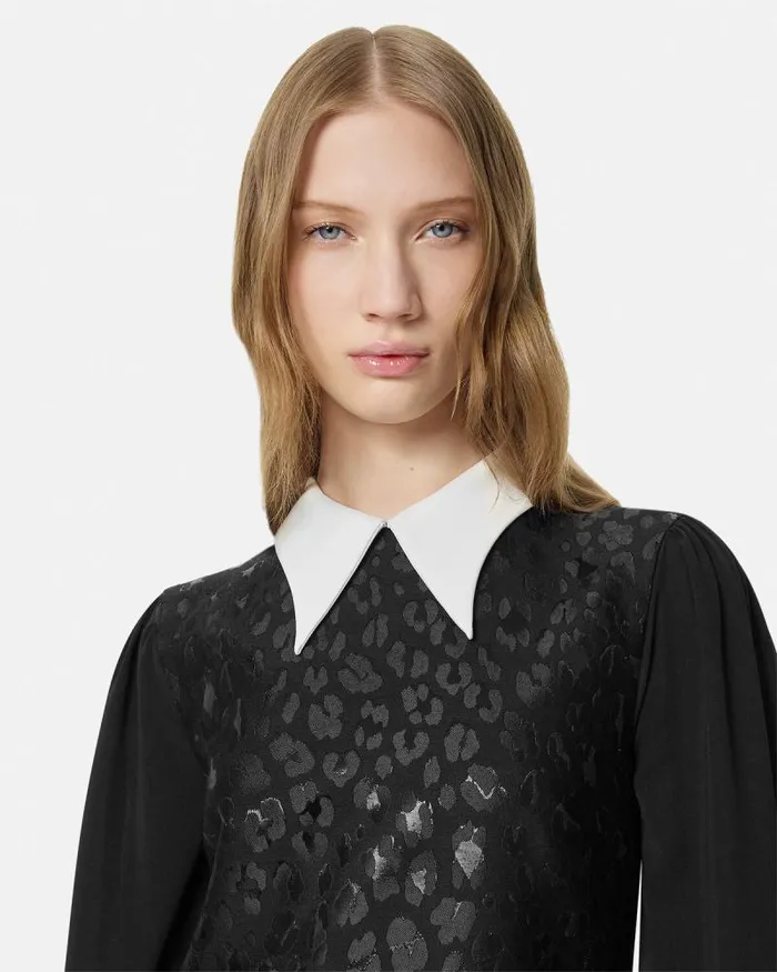 Leopard ContrastCollar Aline Dress Black Women Versace Dresses