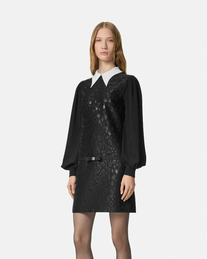 Leopard ContrastCollar Aline Dress Black Women Versace Dresses