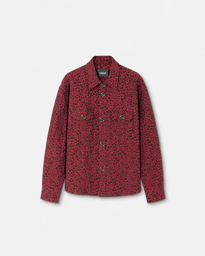 Leopard Jacquard Overshirt Blackred Men Versace Jackets and Coats