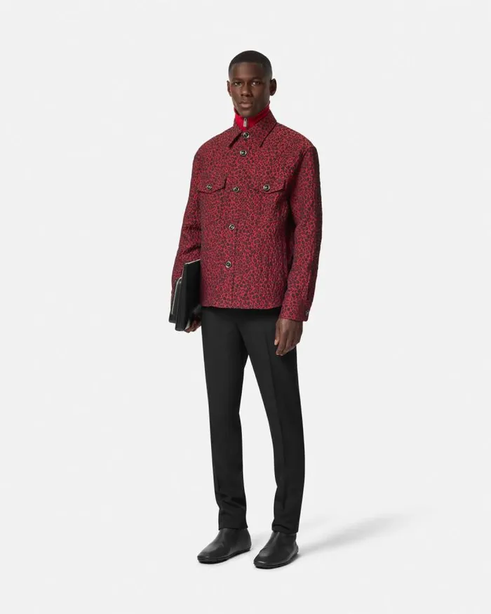 Leopard Jacquard Overshirt Blackred Men Versace Jackets and Coats