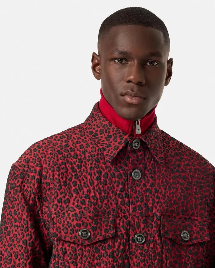 Leopard Jacquard Overshirt Blackred Men Versace Jackets and Coats