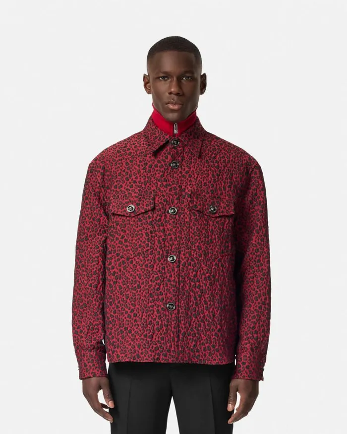 Leopard Jacquard Overshirt Blackred Men Versace Jackets and Coats