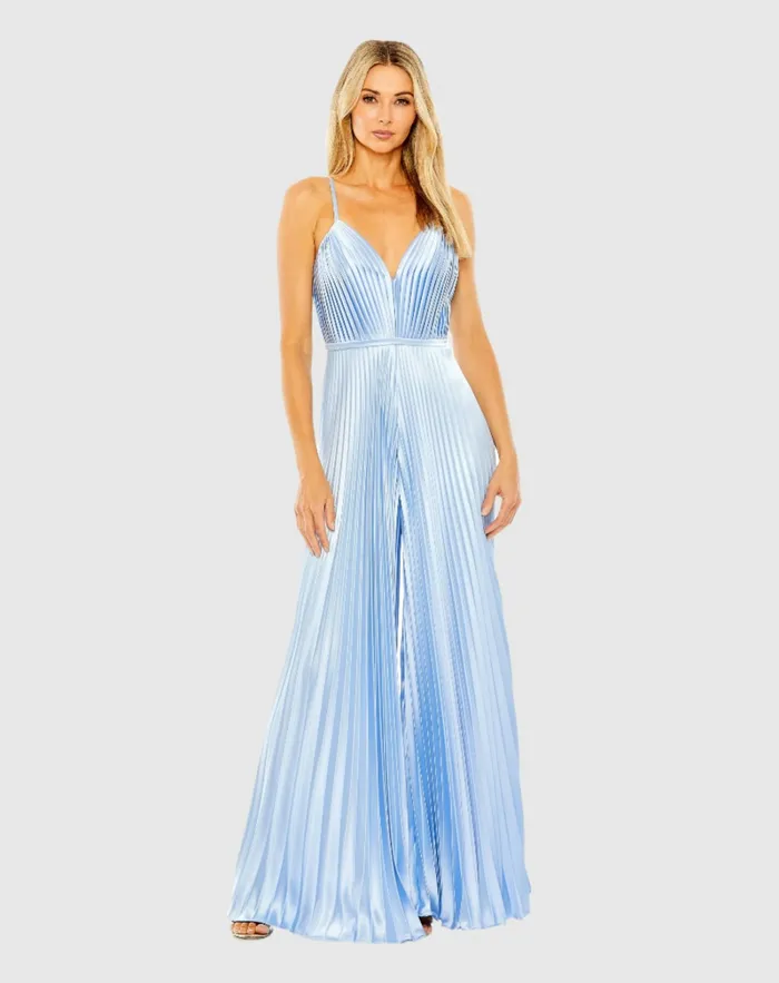 Light Blue Pleated Plunge Neck Wide Leg Jumpsuit Blue Women Daytime Dresses Mac Duggal Light Blue Pleated Plunge Neck Wide Leg Jumpsuit Blue Women Daytime Dresses Mac Duggal