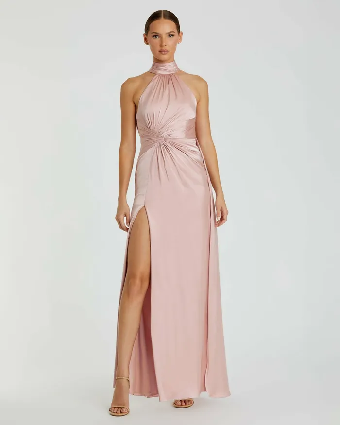 Light Pink Open Back High Neck Side Ruched Gown Shell Pink Daytime Dresses Mac Duggal Women Light Pink Open Back High Neck Side Ruched Gown Shell Pink Daytime Dresses Mac Duggal Women