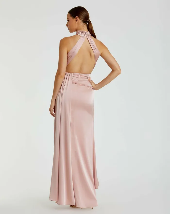 Light Pink Open Back High Neck Side Ruched Gown Shell Pink Daytime Dresses Mac Duggal Women