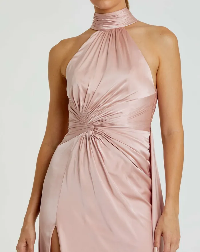 Light Pink Open Back High Neck Side Ruched Gown Shell Pink Daytime Dresses Mac Duggal Women