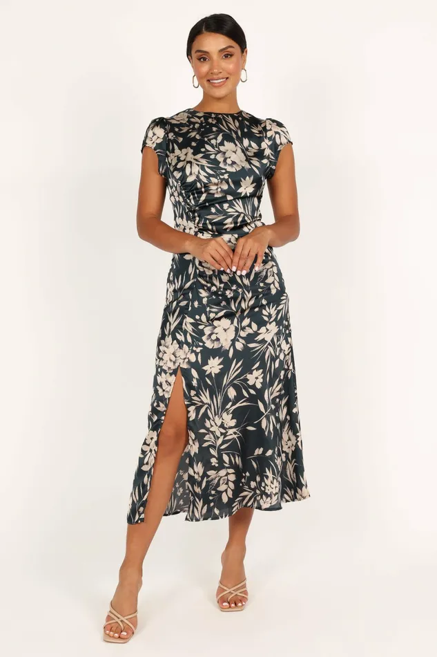 Lisbeth Midi Dress Green Floral Satin Dresses Petal and Pup Women