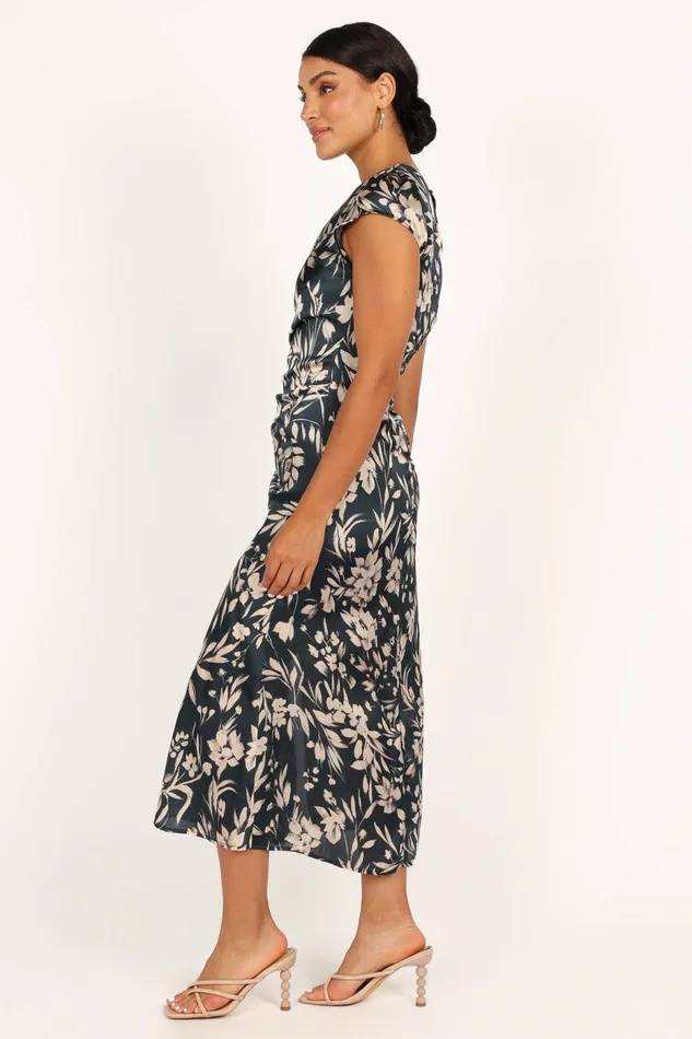 Lisbeth Midi Dress Green Floral Satin Dresses Petal and Pup Women