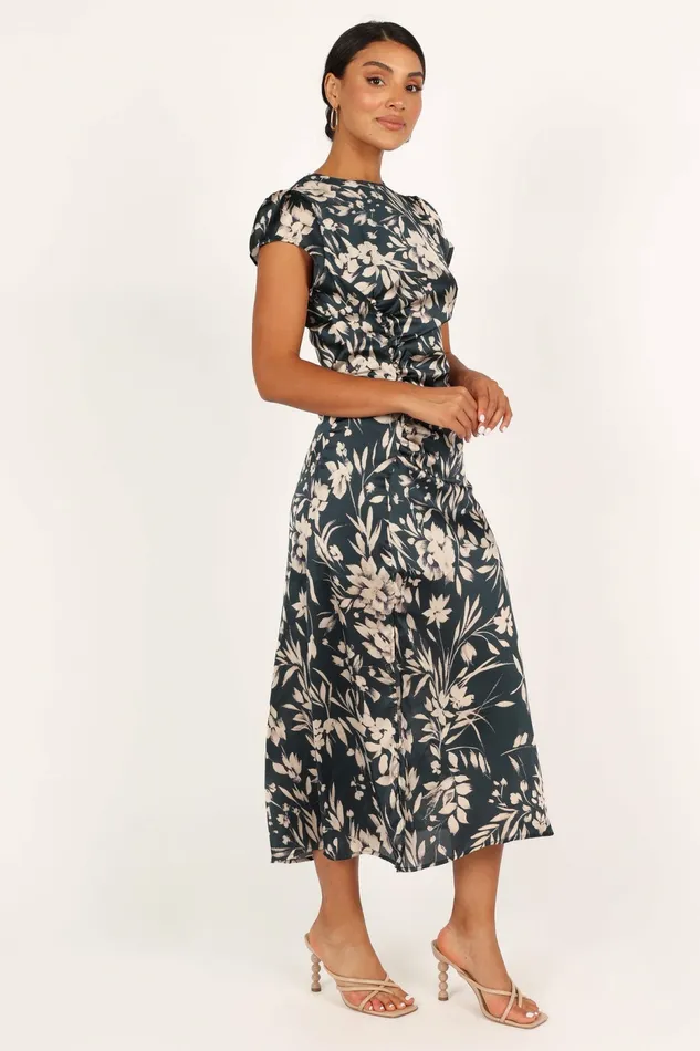 Lisbeth Midi Dress Green Floral Satin Dresses Petal and Pup Women