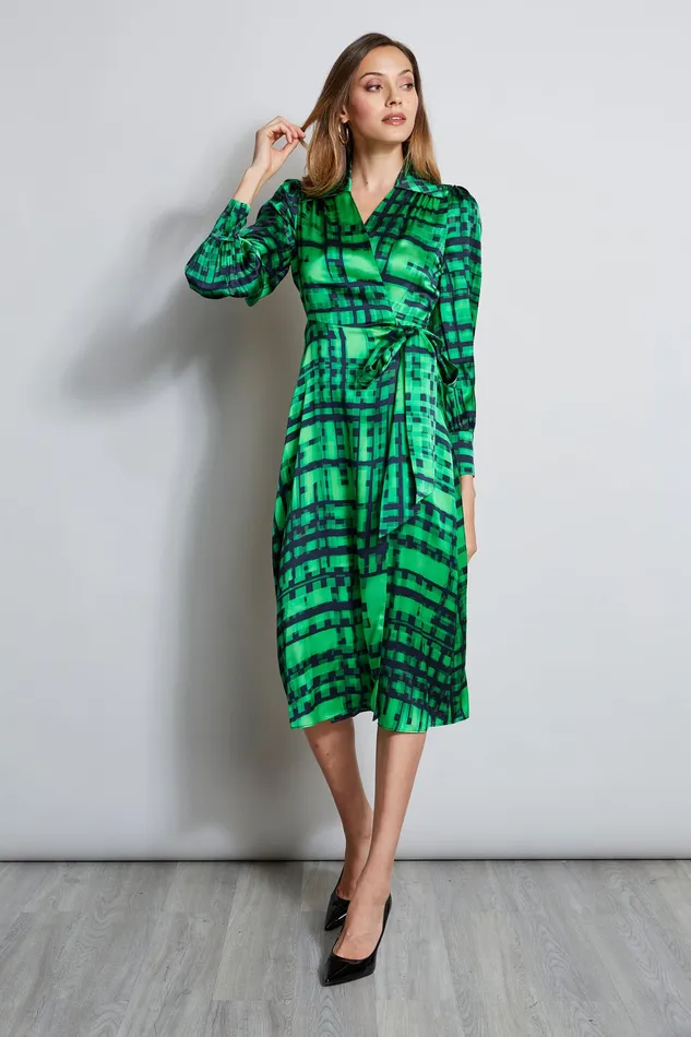 Long Sleeve Dresses Women Elie Tahari Silk Cubist Plaid Wrap Dress EMERALD MULTI
