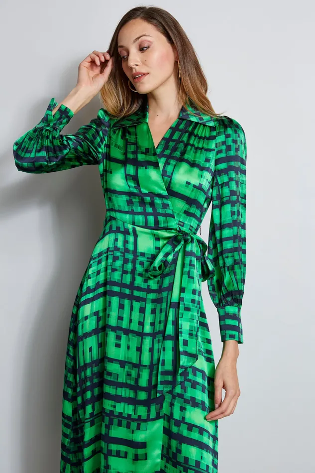 Long Sleeve Dresses Women Elie Tahari Silk Cubist Plaid Wrap Dress EMERALD MULTI