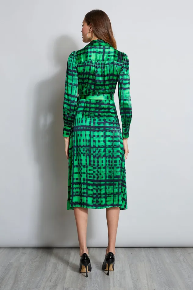 Long Sleeve Dresses Women Elie Tahari Silk Cubist Plaid Wrap Dress EMERALD MULTI