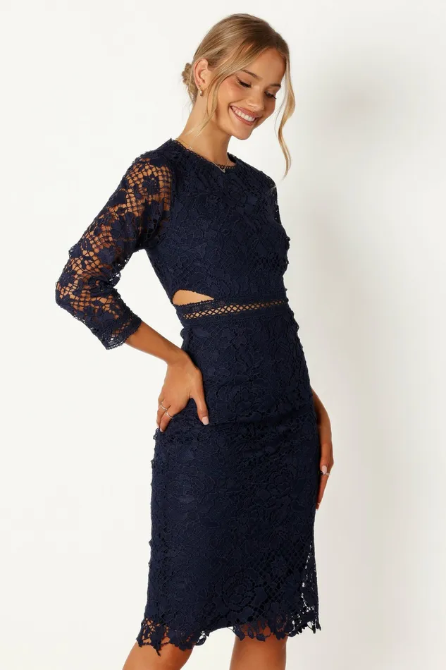 Long Sleeve Dresses Women Petal and Pup Pia Long Sleeve Midi Dress Navy