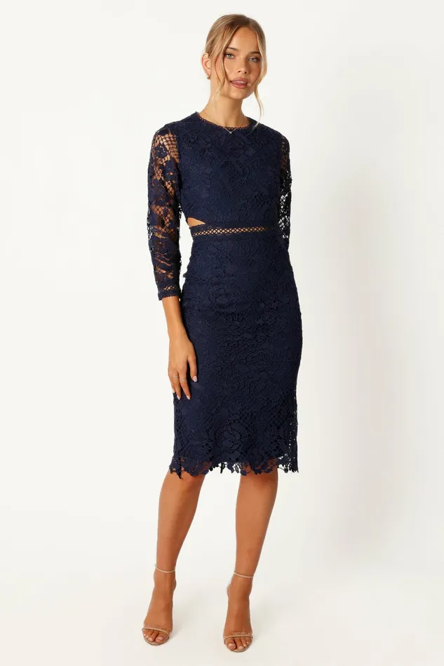 Long Sleeve Dresses Women Petal and Pup Pia Long Sleeve Midi Dress Navy