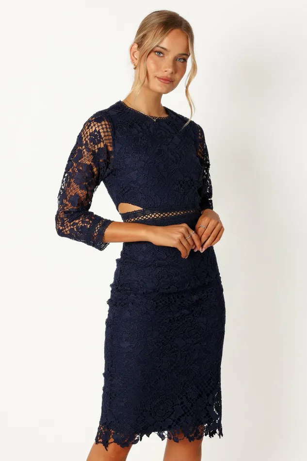Long Sleeve Dresses Women Petal and Pup Pia Long Sleeve Midi Dress Navy