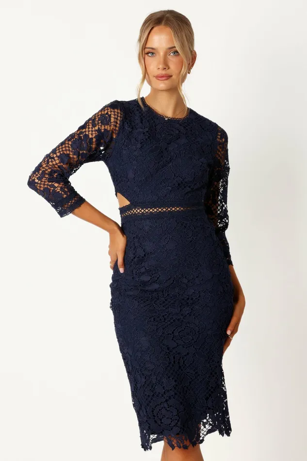 Long Sleeve Dresses Women Petal and Pup Pia Long Sleeve Midi Dress Navy