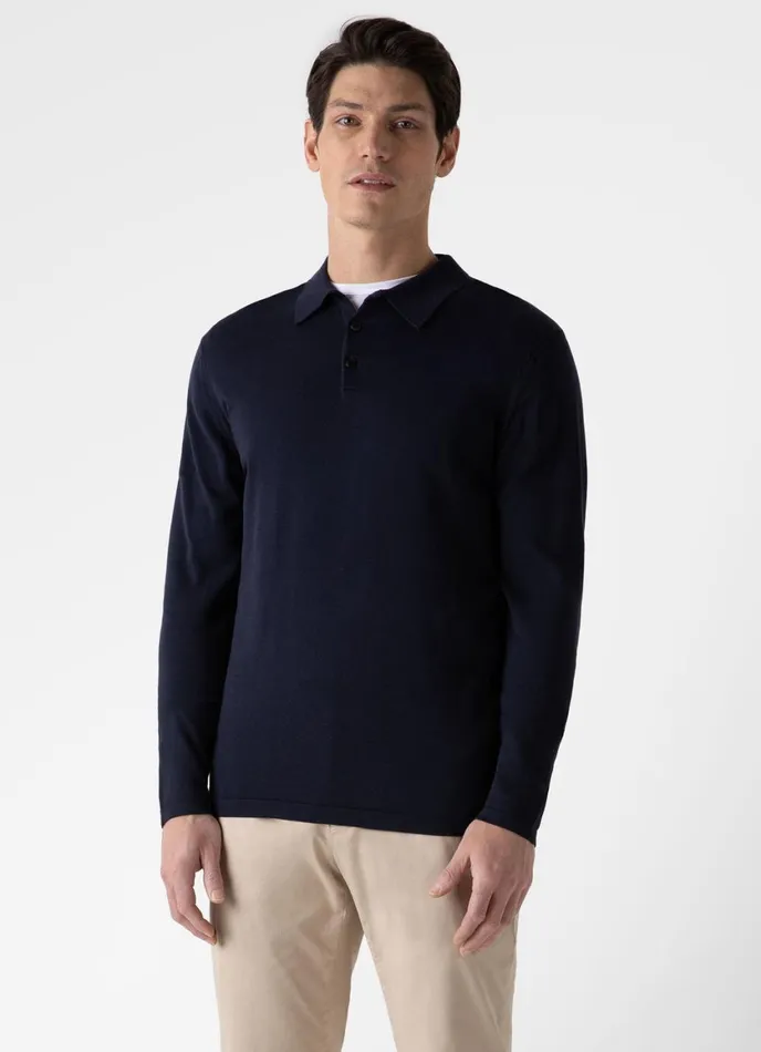Long Sleeve Sea Island Cotton Polo Shirt Light Navy Men SUNSPEL Polo Shirts