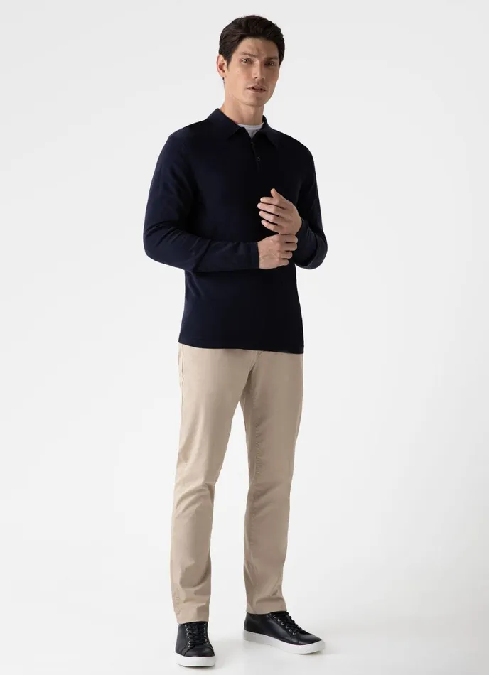 Long Sleeve Sea Island Cotton Polo Shirt Light Navy Men SUNSPEL Polo Shirts