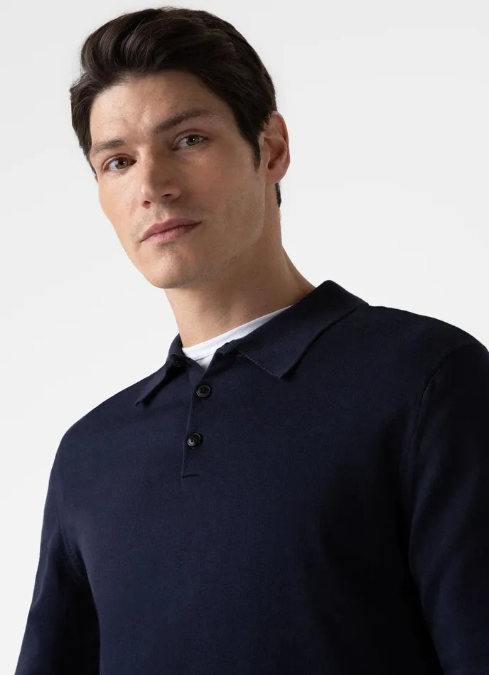 Long Sleeve Sea Island Cotton Polo Shirt Light Navy Men SUNSPEL Polo Shirts
