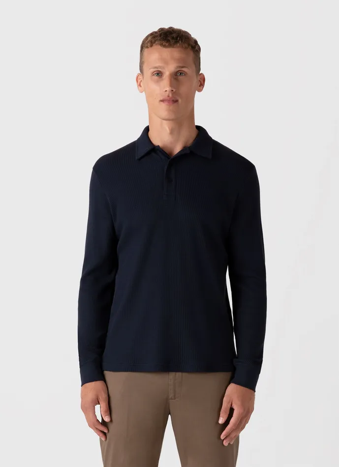 Long Sleeve Waffle Polo Shirt Navy Men Polo Shirts ussunspel Long Sleeve Waffle Polo Shirt Navy Men Polo Shirts ussunspel