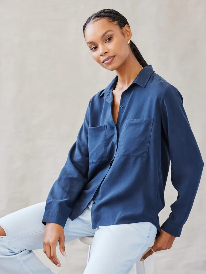 Long Sleeve Women Bella Dahl Two Pocket Classic Button Down 8211 Endless Sea