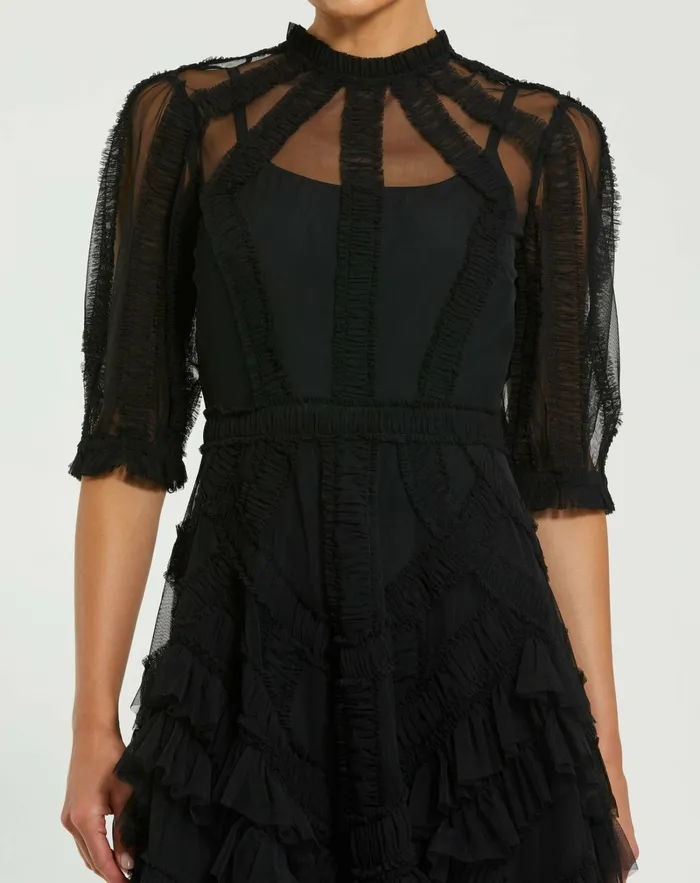 Mac Duggal Best Sellers Women Black High Neck Micro Ruffle Tiered Midi Dress Black