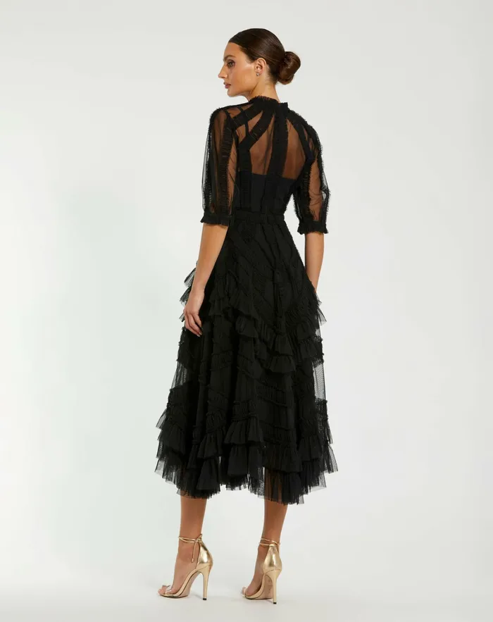 Mac Duggal Best Sellers Women Black High Neck Micro Ruffle Tiered Midi Dress Black