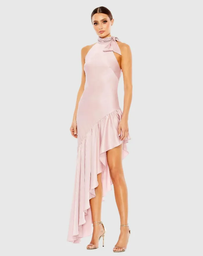 Mac Duggal Cocktail Dresses Women Halter Neck Ruffled Asymmetrical Gown Rose