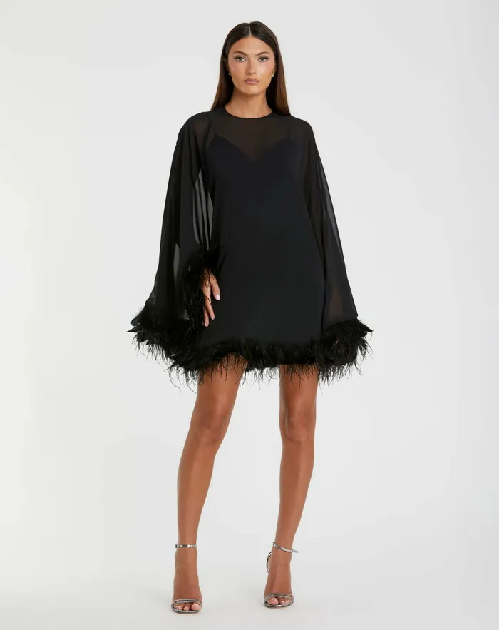 Mac Duggal Cocktail Dresses Women Trapeze Feather Trim Mini Dress Black