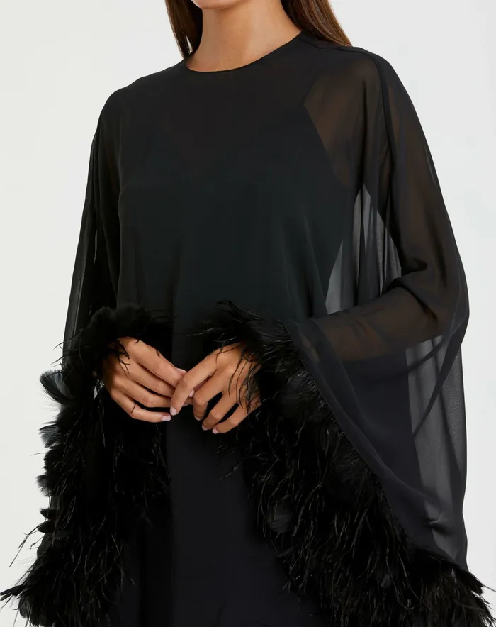 Mac Duggal Cocktail Dresses Women Trapeze Feather Trim Mini Dress Black