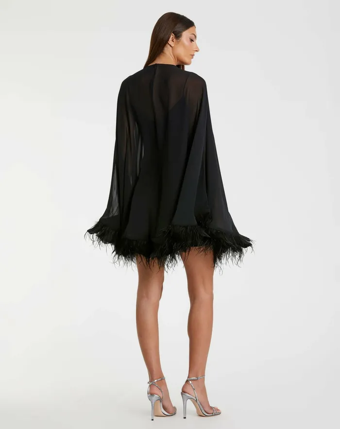 Mac Duggal Cocktail Dresses Women Trapeze Feather Trim Mini Dress Black