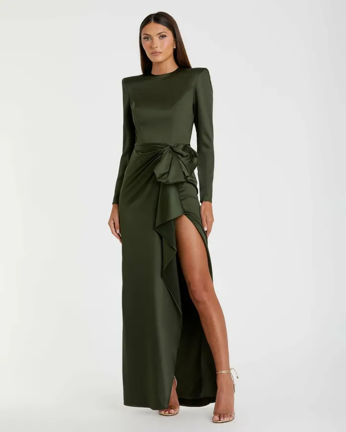 Mac Duggal Dark Green Long Sleeve Structured Bow Draped Gown Olive Women Best Sellers