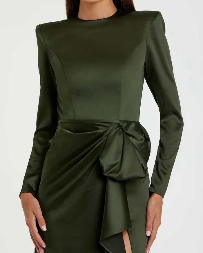 Mac Duggal Dark Green Long Sleeve Structured Bow Draped Gown Olive Women Best Sellers