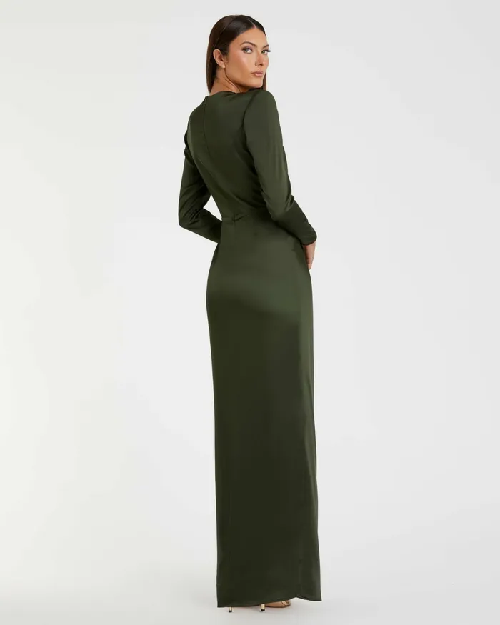 Mac Duggal Dark Green Long Sleeve Structured Bow Draped Gown Olive Women Best Sellers