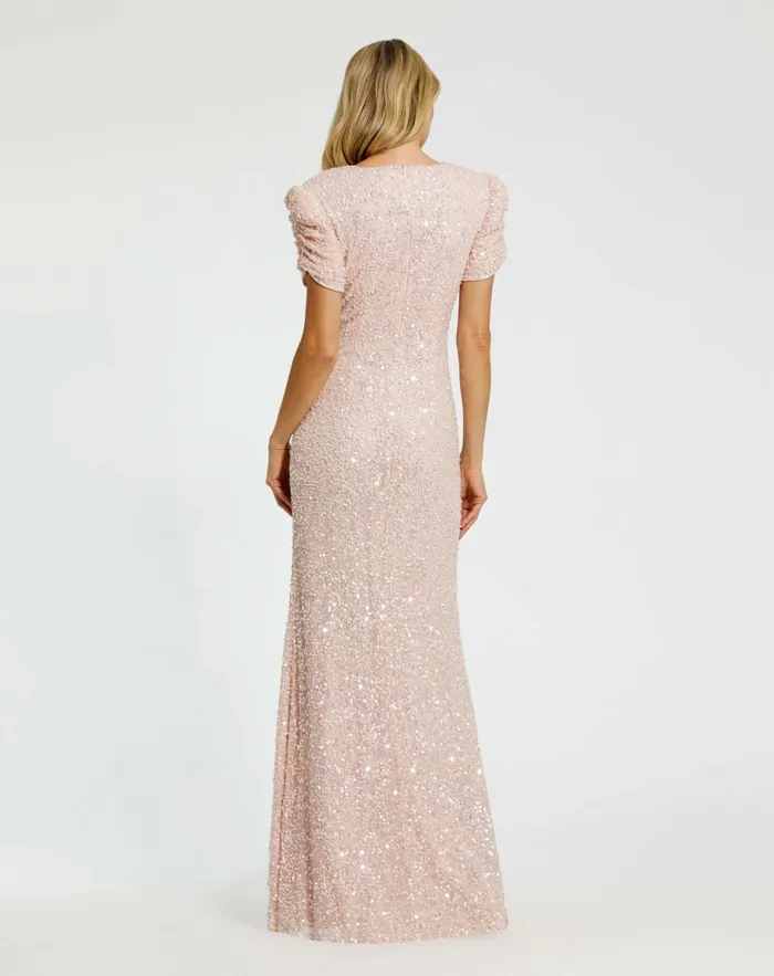 Mac Duggal Evening Gowns Women Pink Gathered Short Sleeve Beaded Gown Blush