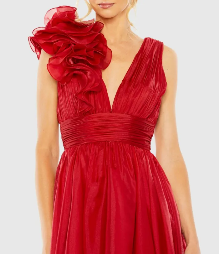 Mac Duggal Red Sleeveless Chiffon ALine Tea Length Cocktail Dress Wine Women Cocktail Dresses