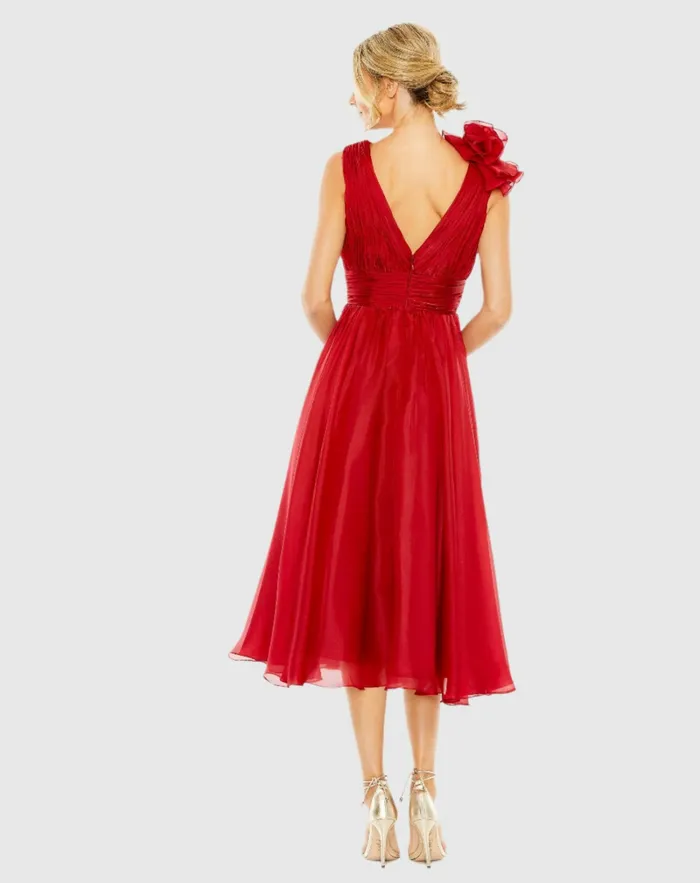 Mac Duggal Red Sleeveless Chiffon ALine Tea Length Cocktail Dress Wine Women Cocktail Dresses