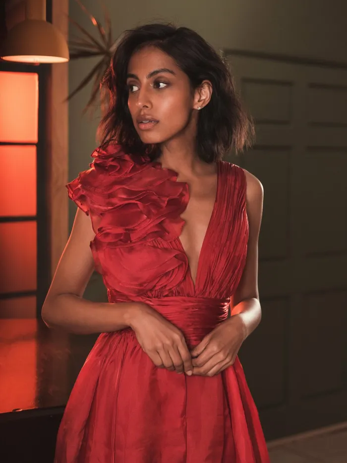 Mac Duggal Red Sleeveless Chiffon ALine Tea Length Cocktail Dress Wine Women Cocktail Dresses