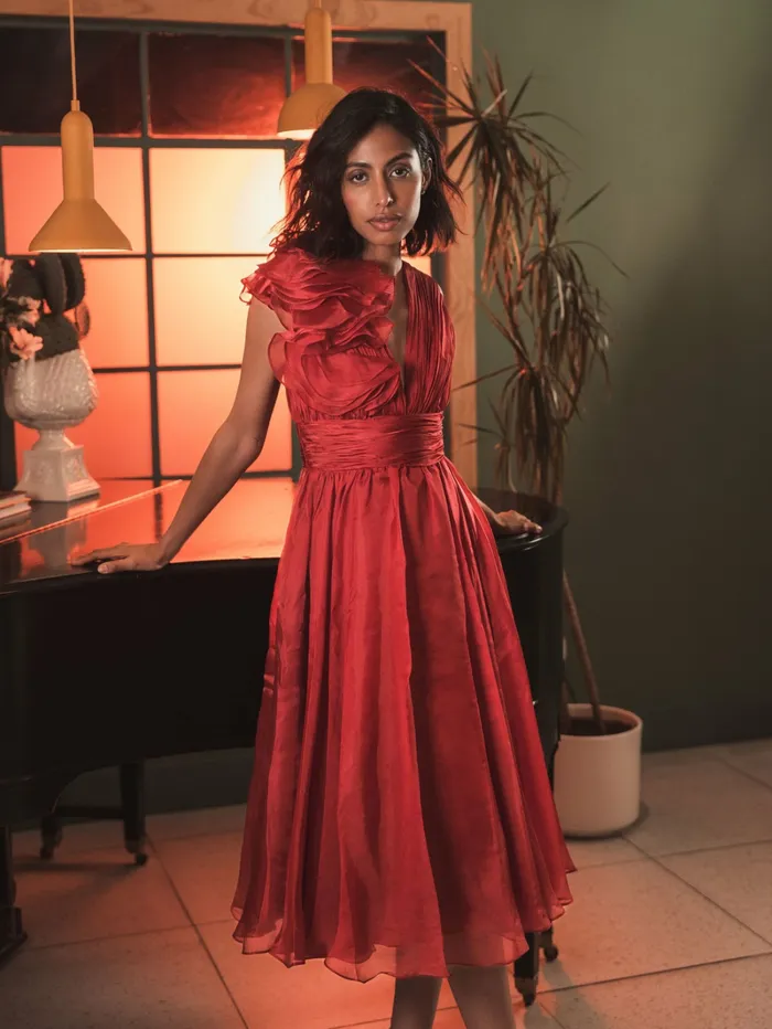 Mac Duggal Red Sleeveless Chiffon ALine Tea Length Cocktail Dress Wine Women Cocktail Dresses