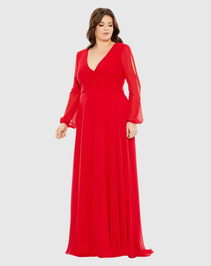 Mac Duggal Split Puff Sleeve Faux Wrap A Line Gown Red Women Plus Size Dresses