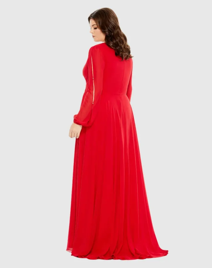 Mac Duggal Split Puff Sleeve Faux Wrap A Line Gown Red Women Plus Size Dresses Mac Duggal Split Puff Sleeve Faux Wrap A Line Gown Red Women Plus Size Dresses