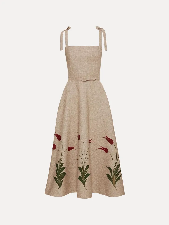 Marbled Tulip Canvas Dress Linen Red Women Oscar De La Renta Dresses