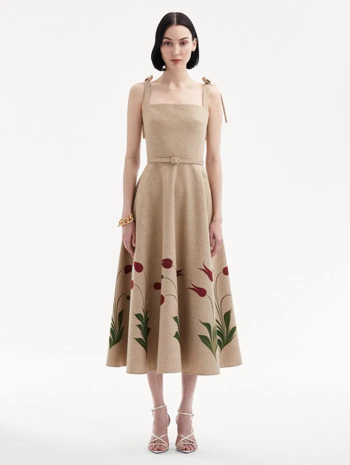 Marbled Tulip Canvas Dress Linen Red Women Oscar De La Renta Dresses Marbled Tulip Canvas Dress Linen Red Women Oscar De La Renta Dresses