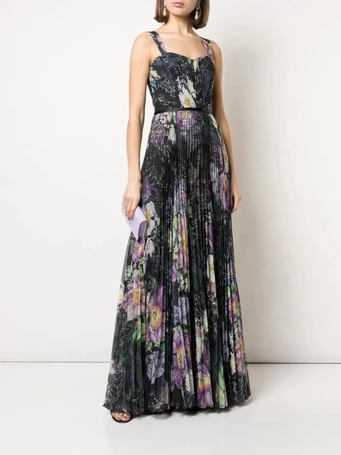 Marchesa Marchesa Notte Floral Print Pleated Gown Black 8211 Women
