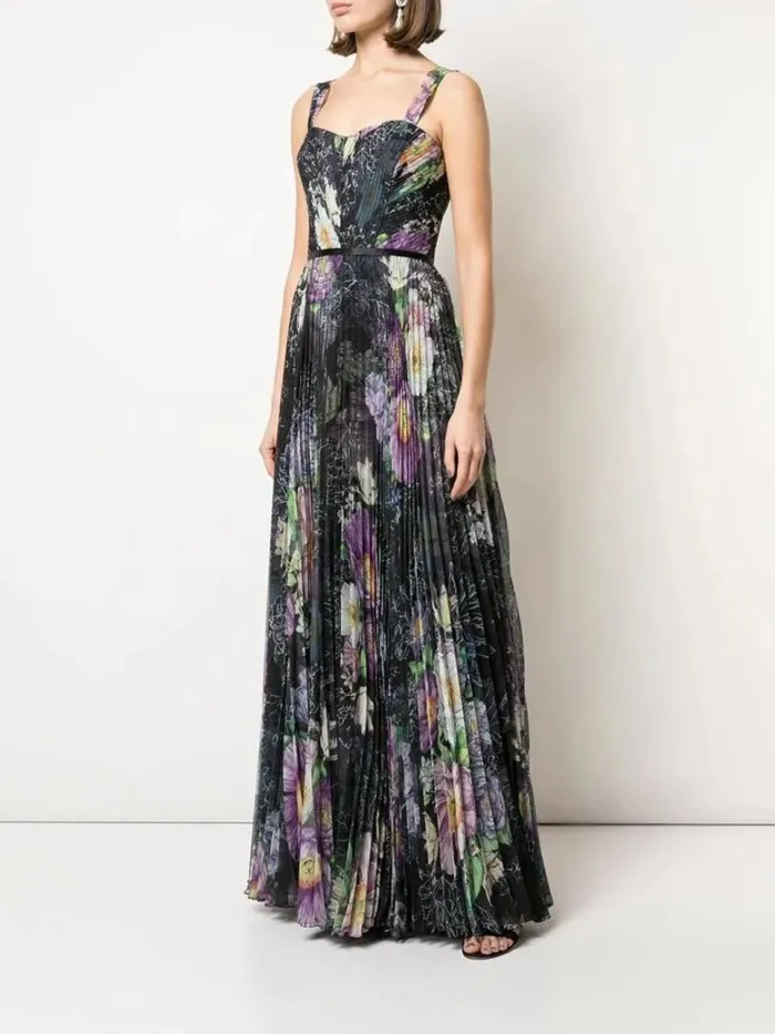 Marchesa Marchesa Notte Floral Print Pleated Gown Black 8211 Women