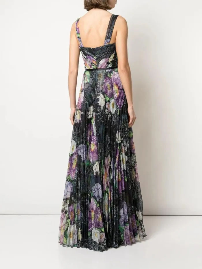 Marchesa Marchesa Notte Floral Print Pleated Gown Black 8211 Women