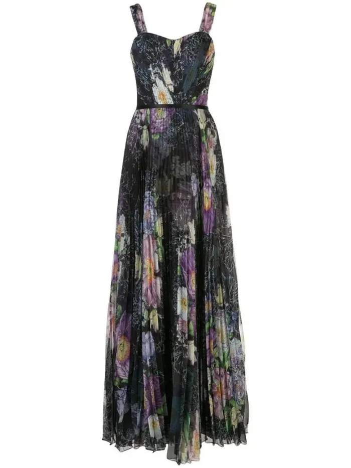 Marchesa Marchesa Notte Floral Print Pleated Gown Black 8211 Women