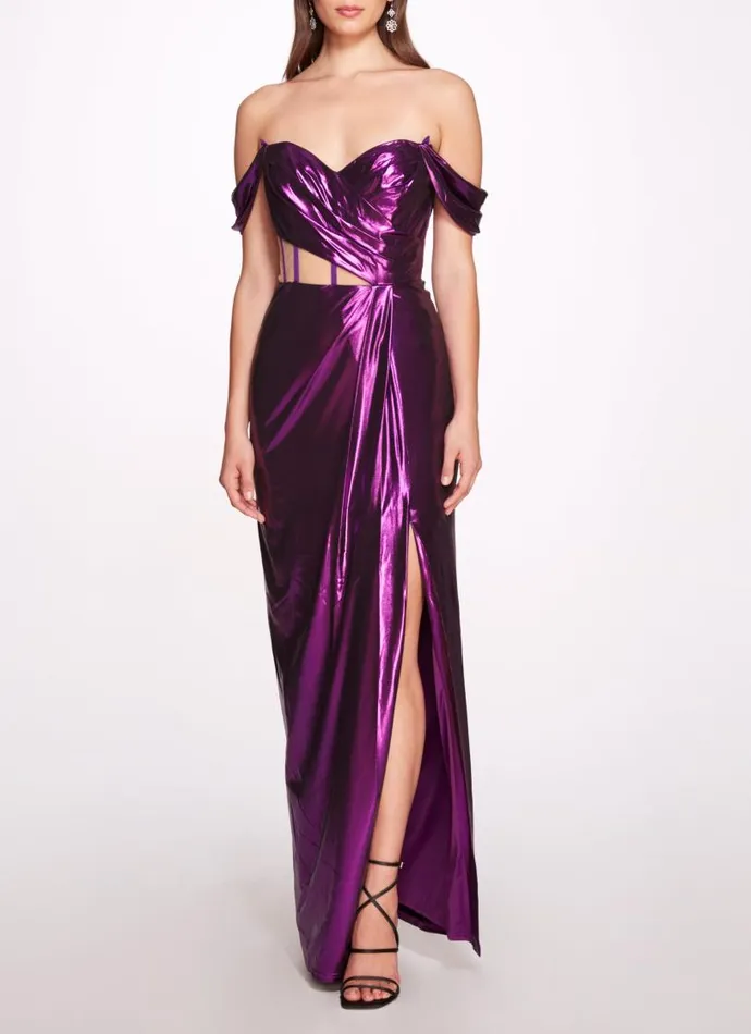 Marchesa Marchesa Notte Off Shoulder Lam Gown With Draped Bodice Amethyst 8211 Women