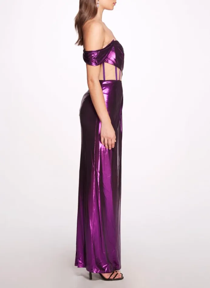 Marchesa Marchesa Notte Off Shoulder Lam Gown With Draped Bodice Amethyst 8211 Women