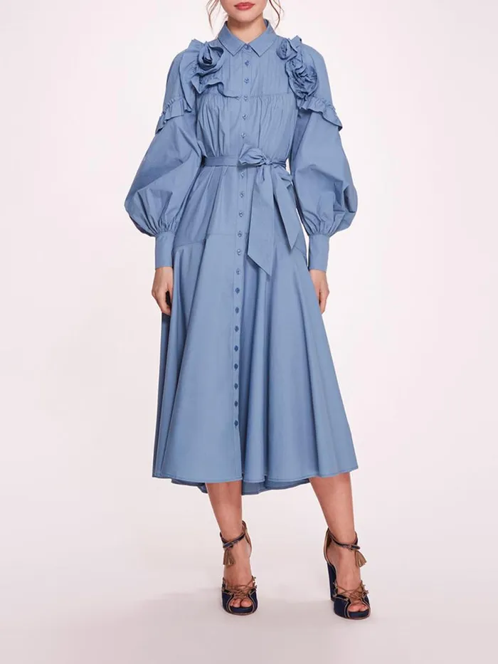 Marchesa Marchesa Rosa Rosette Ruffle Midi Dress Denim Blue 8211 Women